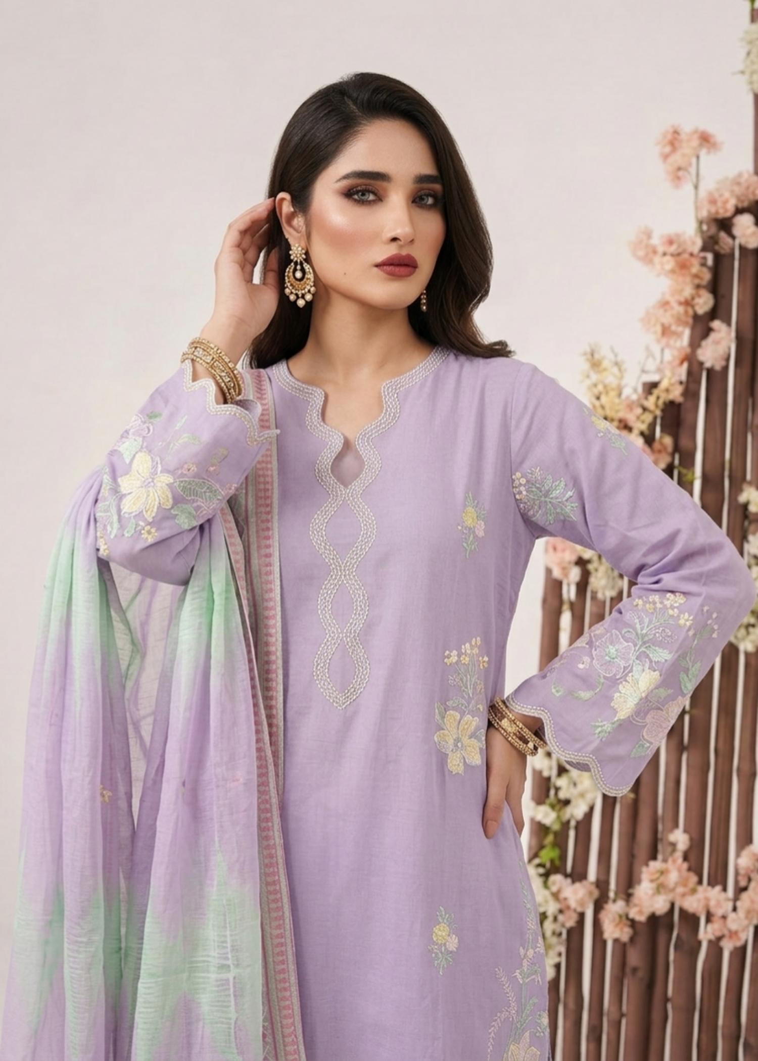 Embroidered Lavender Lawn Salwar Suit Online in KSA Riyadh Saudi Arabia Oman Bahrain Qatar