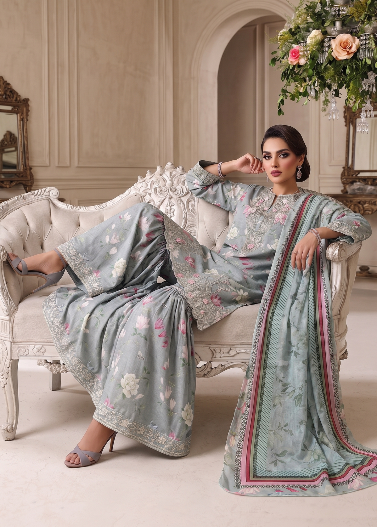 Embroidered Lawn 3 Piece Gharara Online in Sri Lanka India Australia