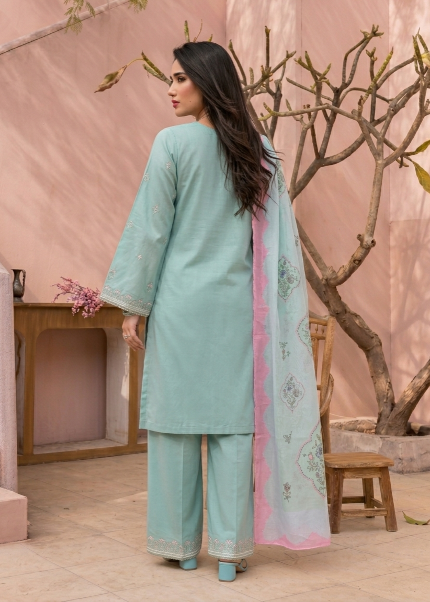Embroidered Lawn 3 Piece Suit Aqua Online in Dubai DXB UAE Abudhabi Meena Bazaar