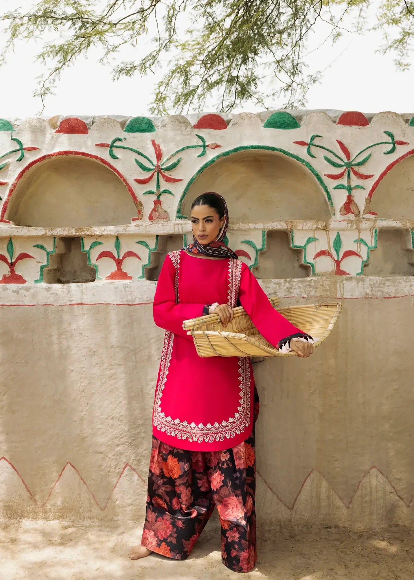 Embroidered Lawn Cotton Farshi Suit Coral Red Online in KSA Riyadh Saudi Arabia Oman Bahrain Qatar