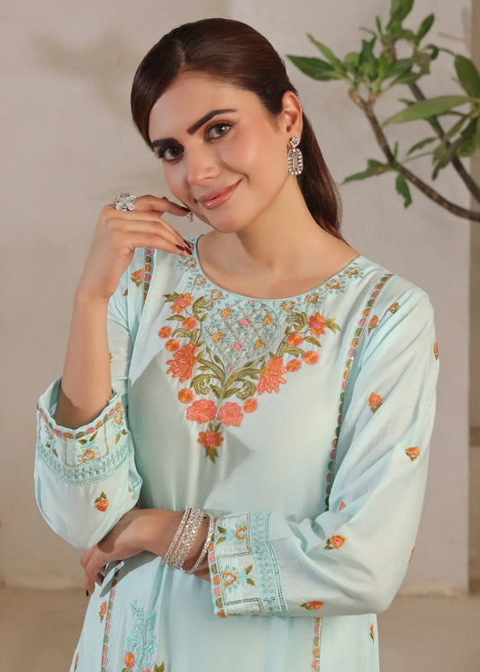Embroidered Lawn Cotton Kurta Set Ice Blue Online in Dubai DXB UAE Abudhabi Meena Bazaar