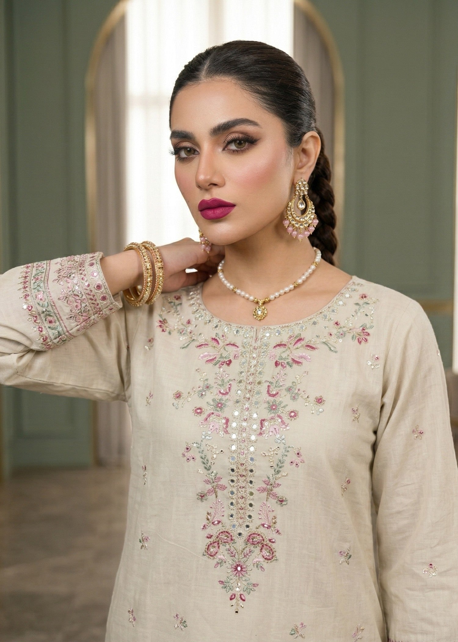 Embroidered Lawn Ivory Salwar Suit Online in Dubai UAE Abudhabi Ajman Sharjah