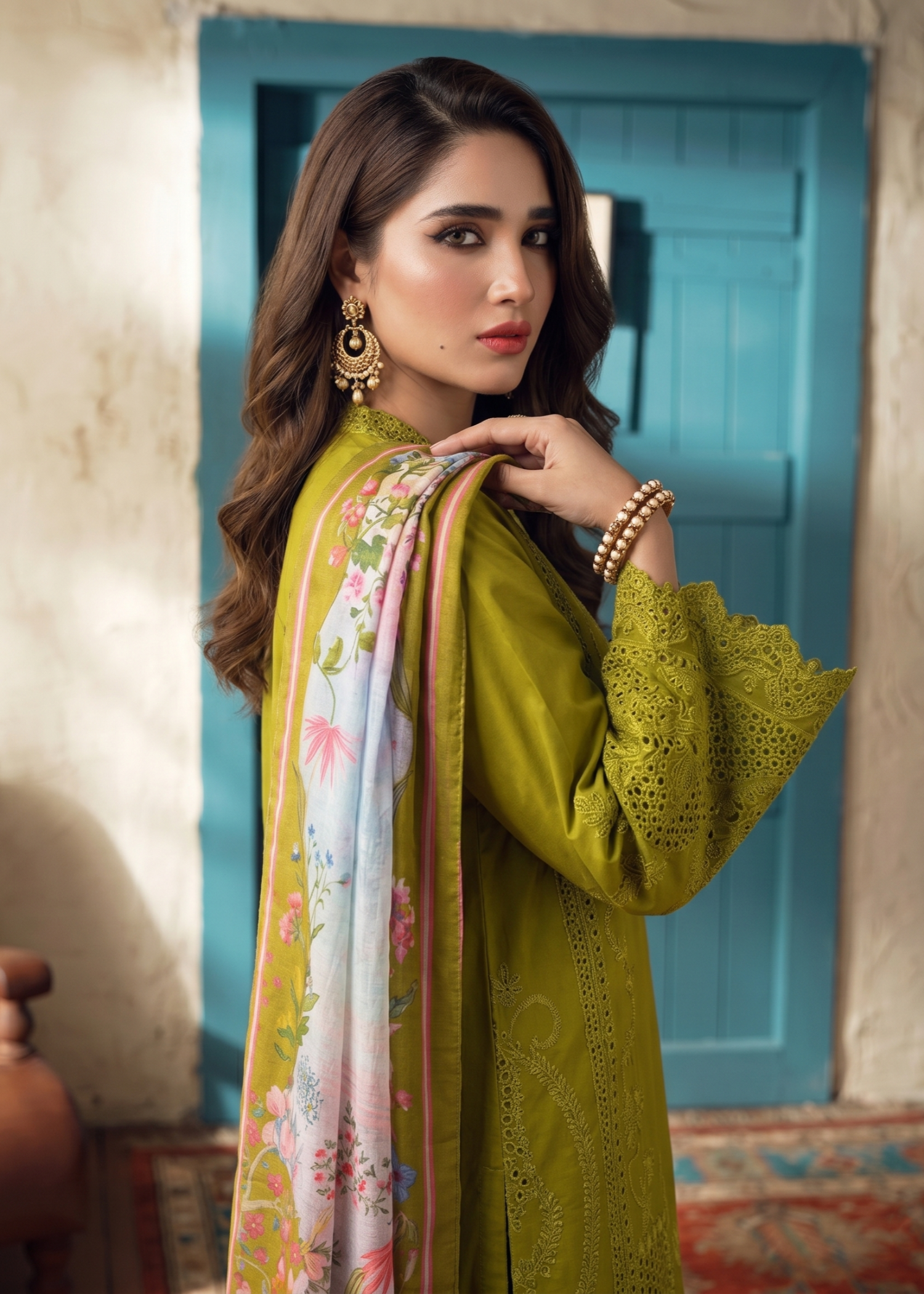 Embroidered Lawn Olive Green Salwar Kameez Online in Sri Lanka India Australia