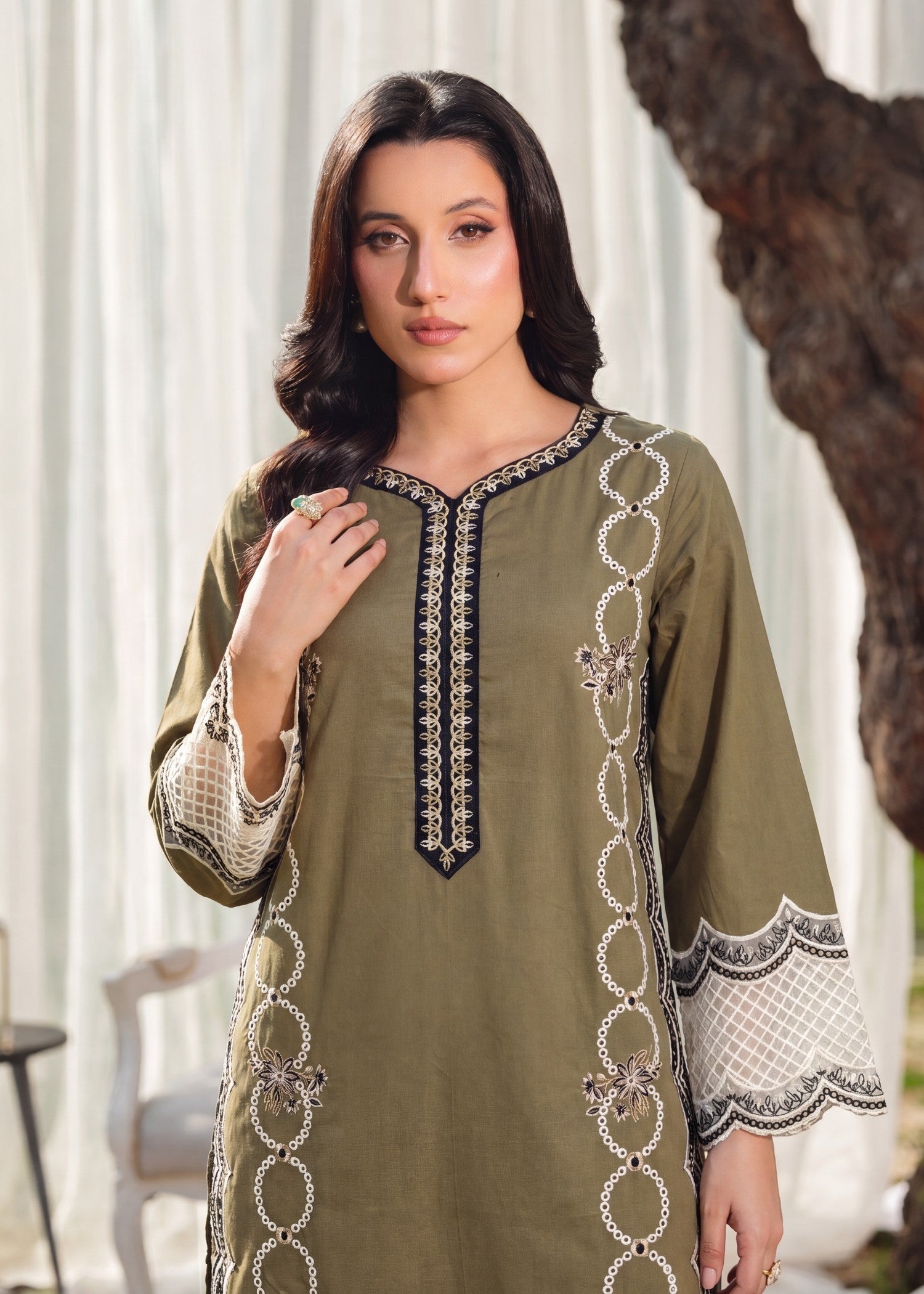 Embroidered Lawn Olive Green Salwar Suit Online in Dubai UAE Abudhabi Ajman Sharjah