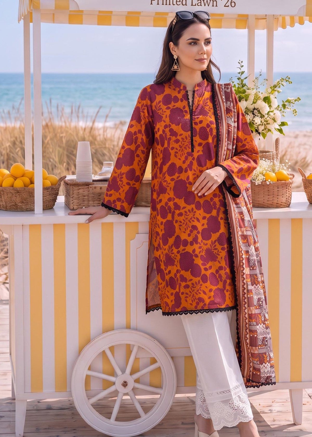 Embroidered Lawn Rust Orange Salwar Kameez Online in KSA Riyadh Saudi Arabia Oman Bahrain Qatar