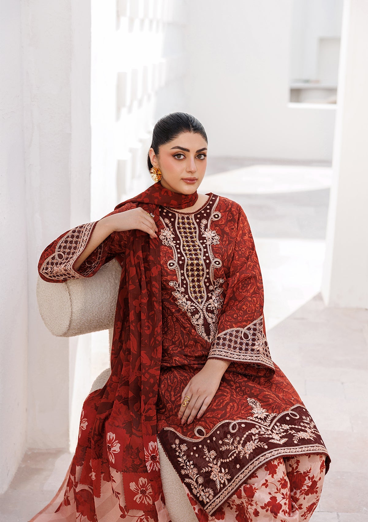 Embroidered Lawn Rust Red Suit Online in Sri Lanka India Australia
