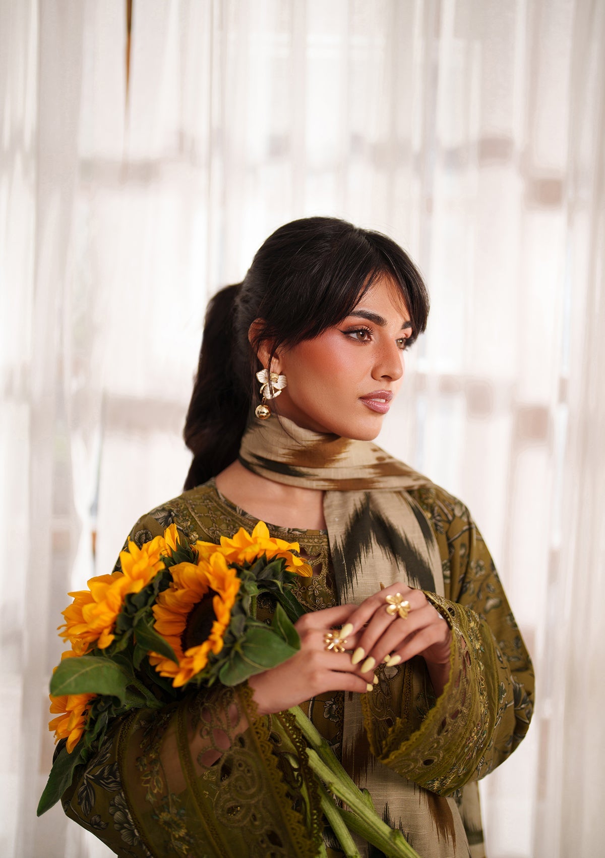 Embroidered Lawn Stitched Suit Olive Green Online in Dubai DXB UAE Abudhabi Meena Bazaar