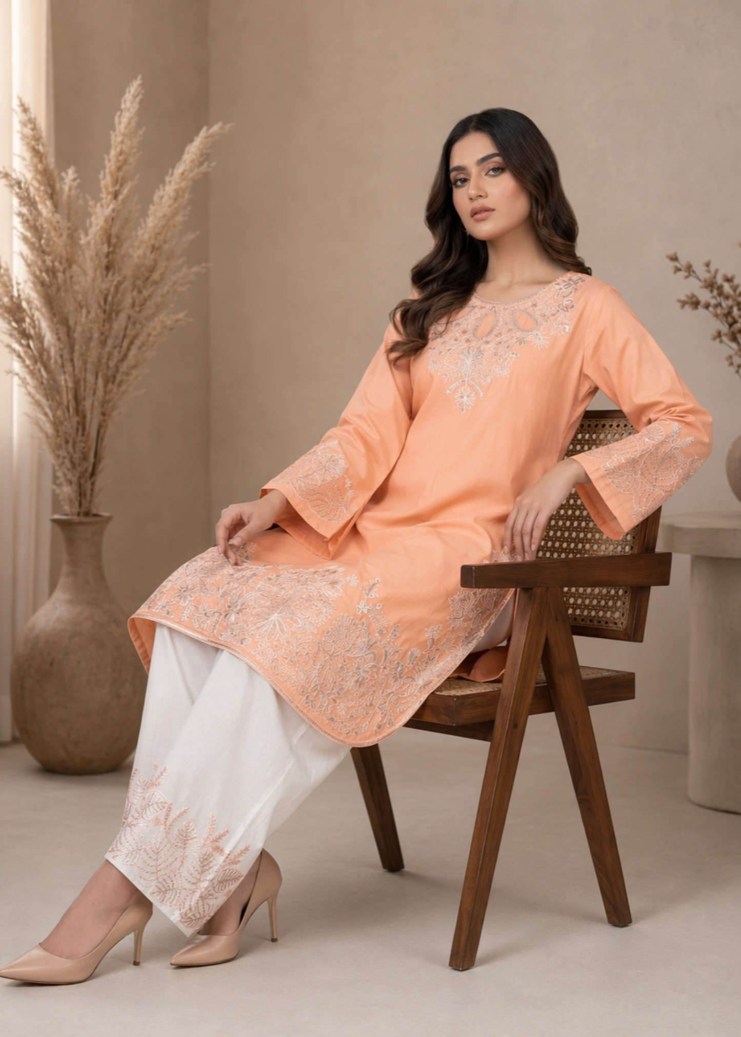 Embroidered Lawn Suit Apricot Orange Pakistani Suit Online in KSA Riyadh Saudi Arabia Oman Bahrain Qatar