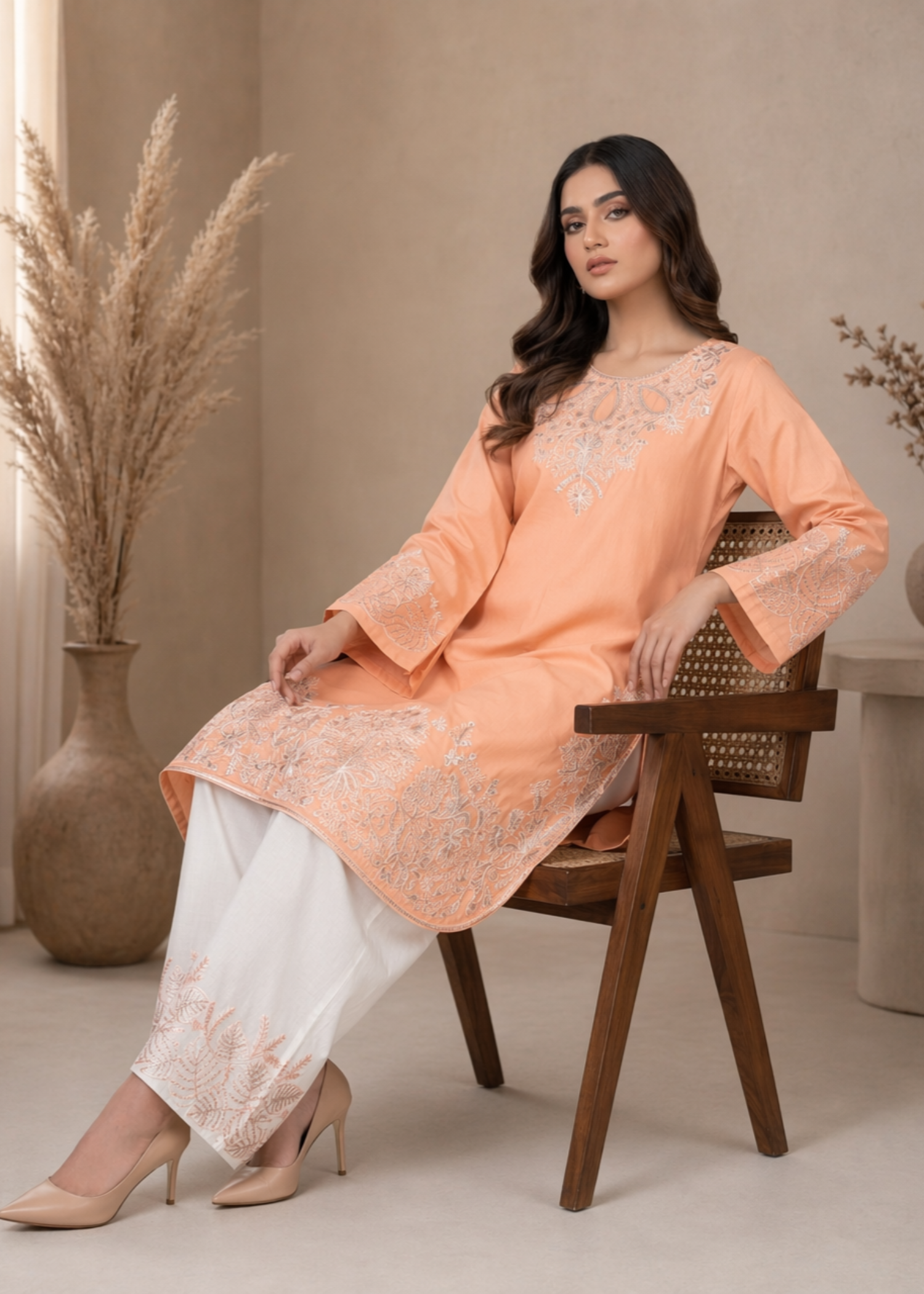 Embroidered Lawn Suit Apricot Orange Pakistani Suit Online in KSA Riyadh Saudi Arabia Oman Bahrain Qatar