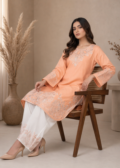 Embroidered Lawn Suit Apricot Orange Pakistani Suit Online in KSA Riyadh Saudi Arabia Oman Bahrain Qatar