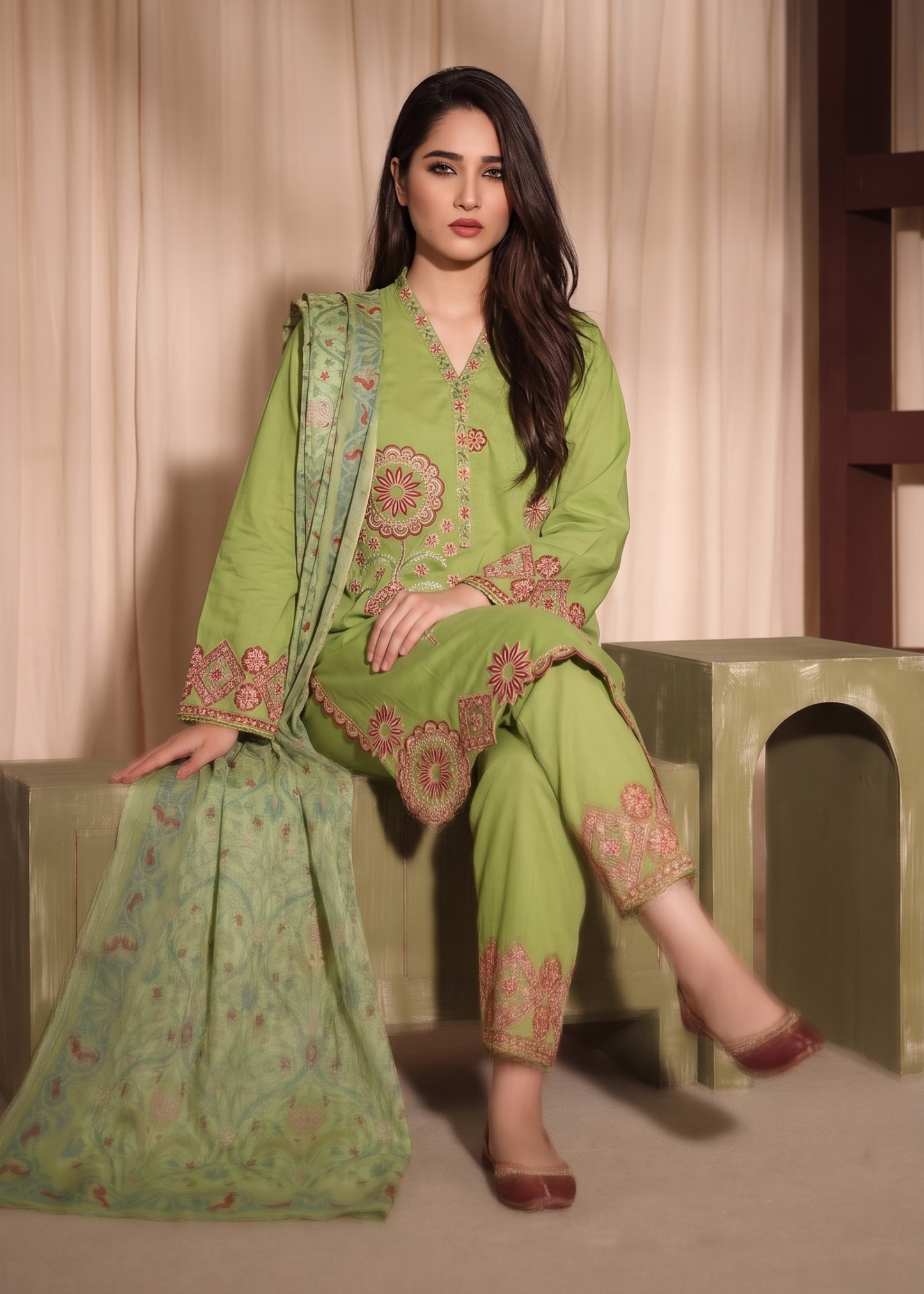 Embroidered Lawn Suit Lime Green Online in Sri Lanka India Australia