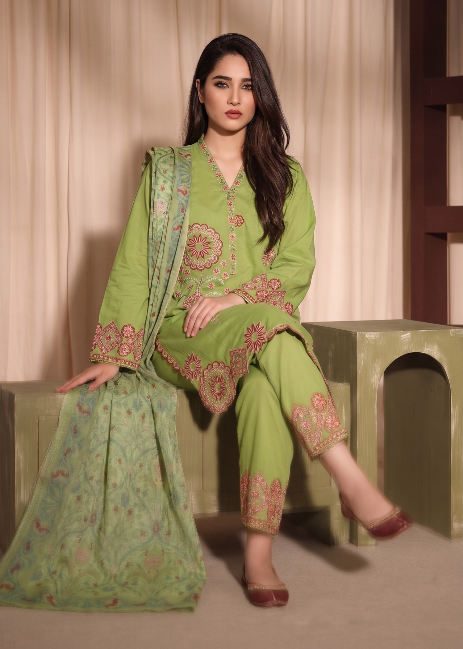 Embroidered Lawn Suit Lime Green Online in Sri Lanka India Australia