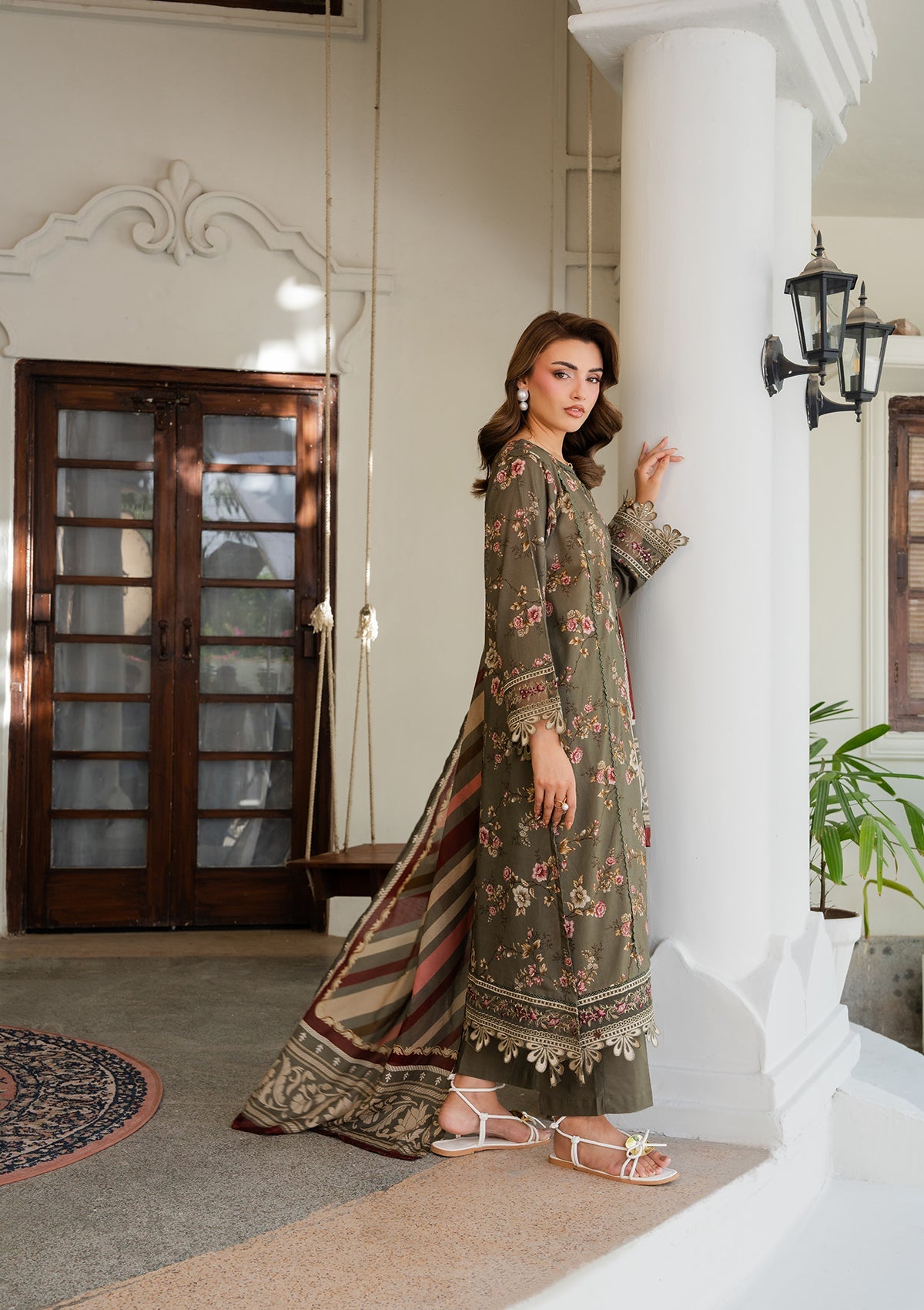 Embroidered Lawn Suit Olive Green Online in UK USA Canada