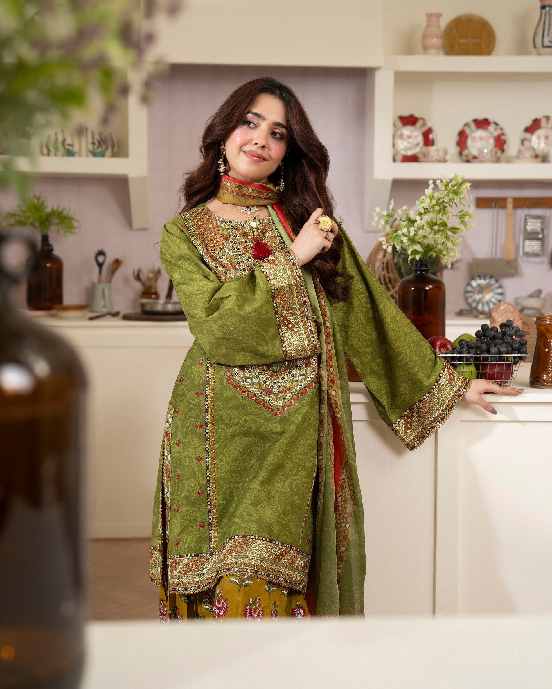 Embroidered Lawn Suit with Lace Online in Sri Lanka India Australia