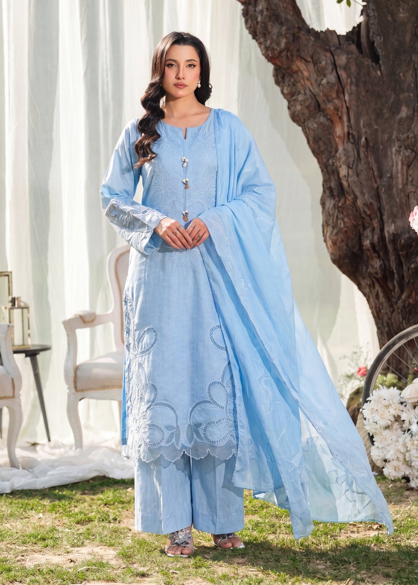 Embroidered Lawn Summer Suit Sky Blue Online in KSA Riyadh Saudi Arabia Oman Bahrain Qatar