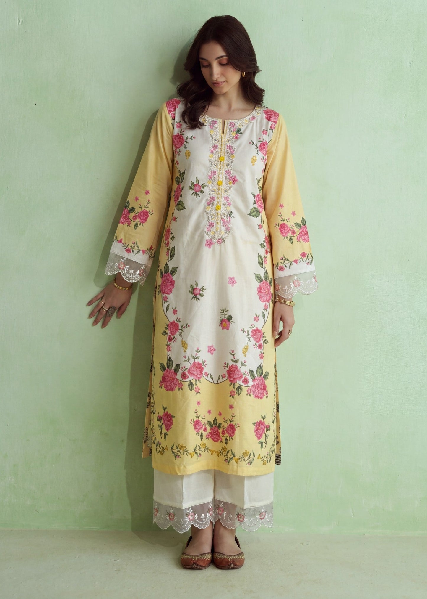 Embroidered Lemon Chiffon Pakistani Suit Online in Dubai DXB UAE Abudhabi Meena Bazaar