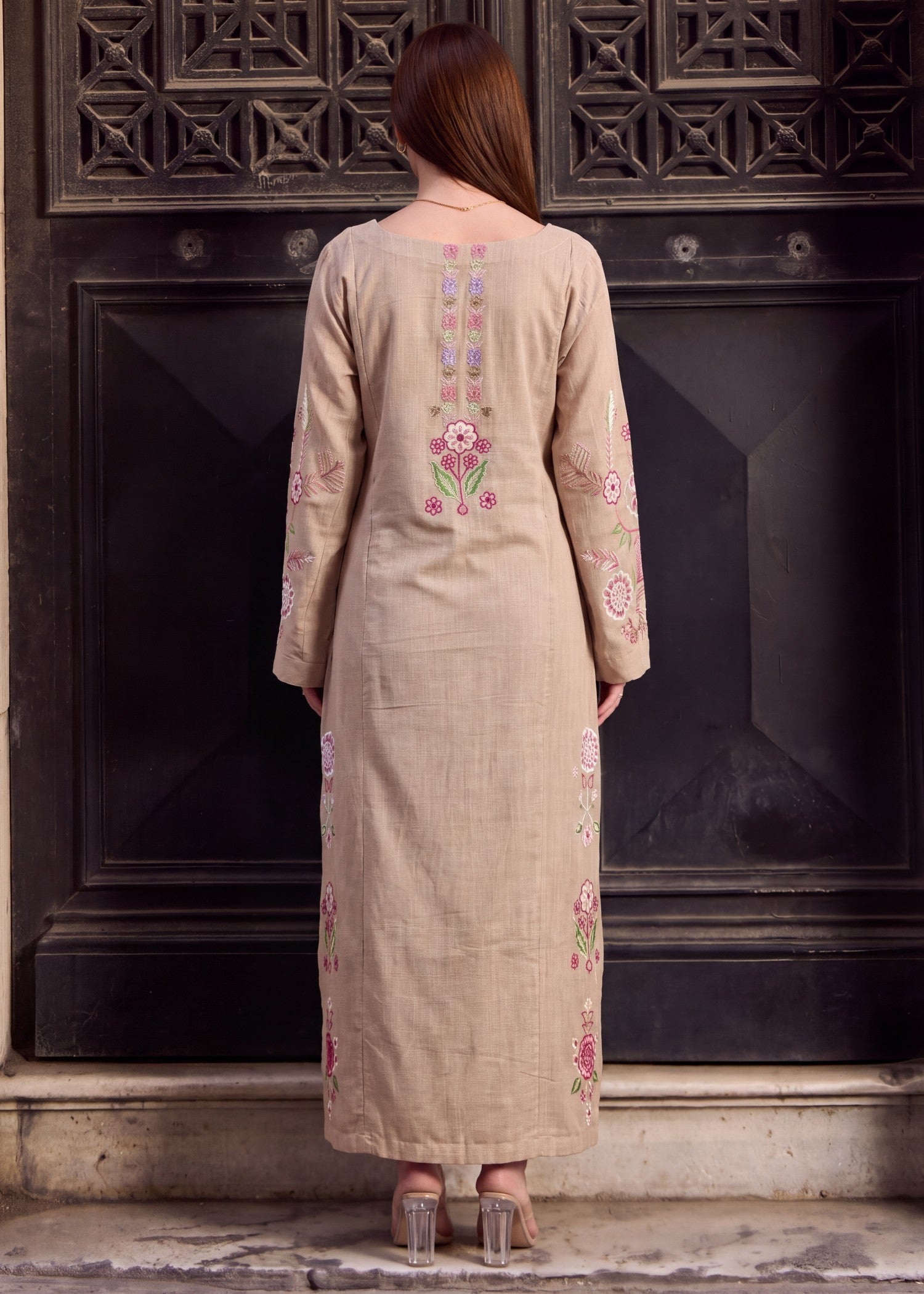 Embroidered Lemon Khaddar Kaftan Top Online in KSA Riyadh Saudi Arabia Oman Bahrain Qatar