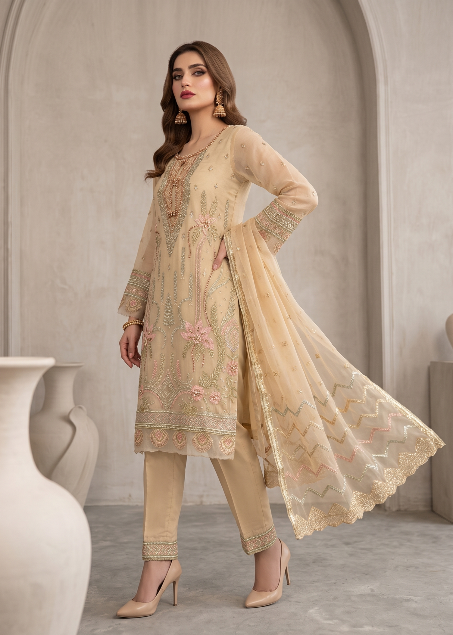 Embroidered Lemon Organza Pakistani Suit Online in KSA Riyadh Saudi Arabia Oman Bahrain Qatar