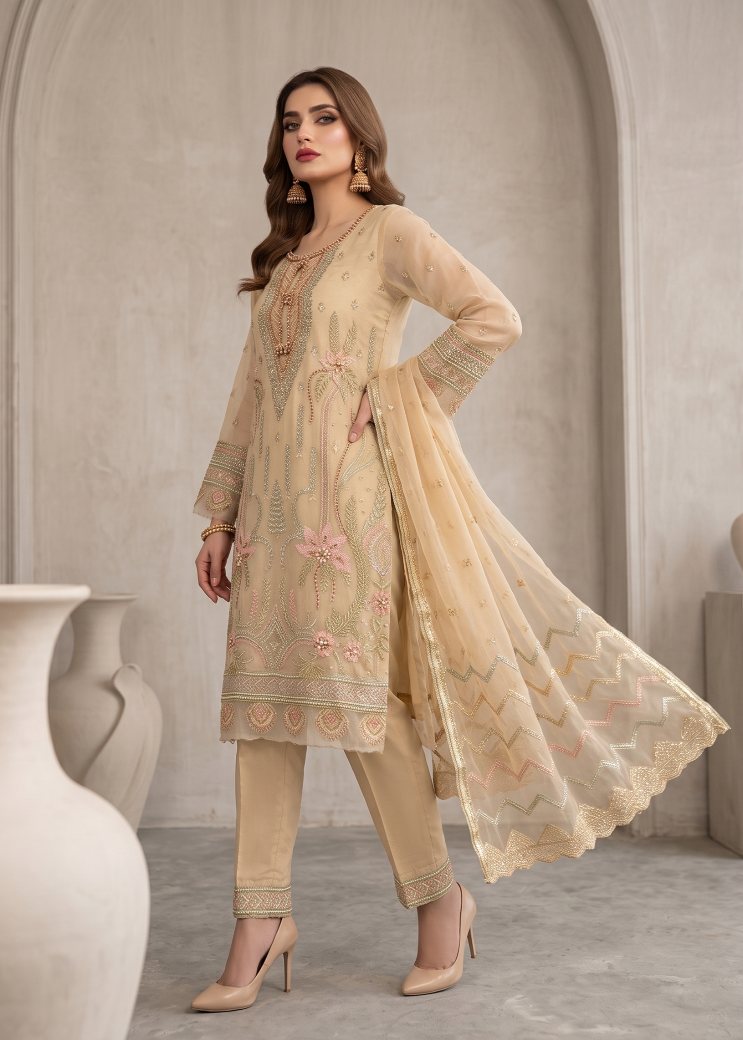 Embroidered Lemon Organza Pakistani Suit Online in KSA Riyadh Saudi Arabia Oman Bahrain Qatar