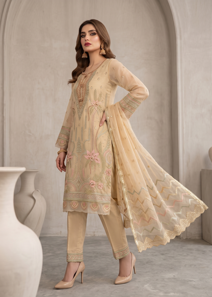 Embroidered Lemon Organza Pakistani Suit Online in KSA Riyadh Saudi Arabia Oman Bahrain Qatar