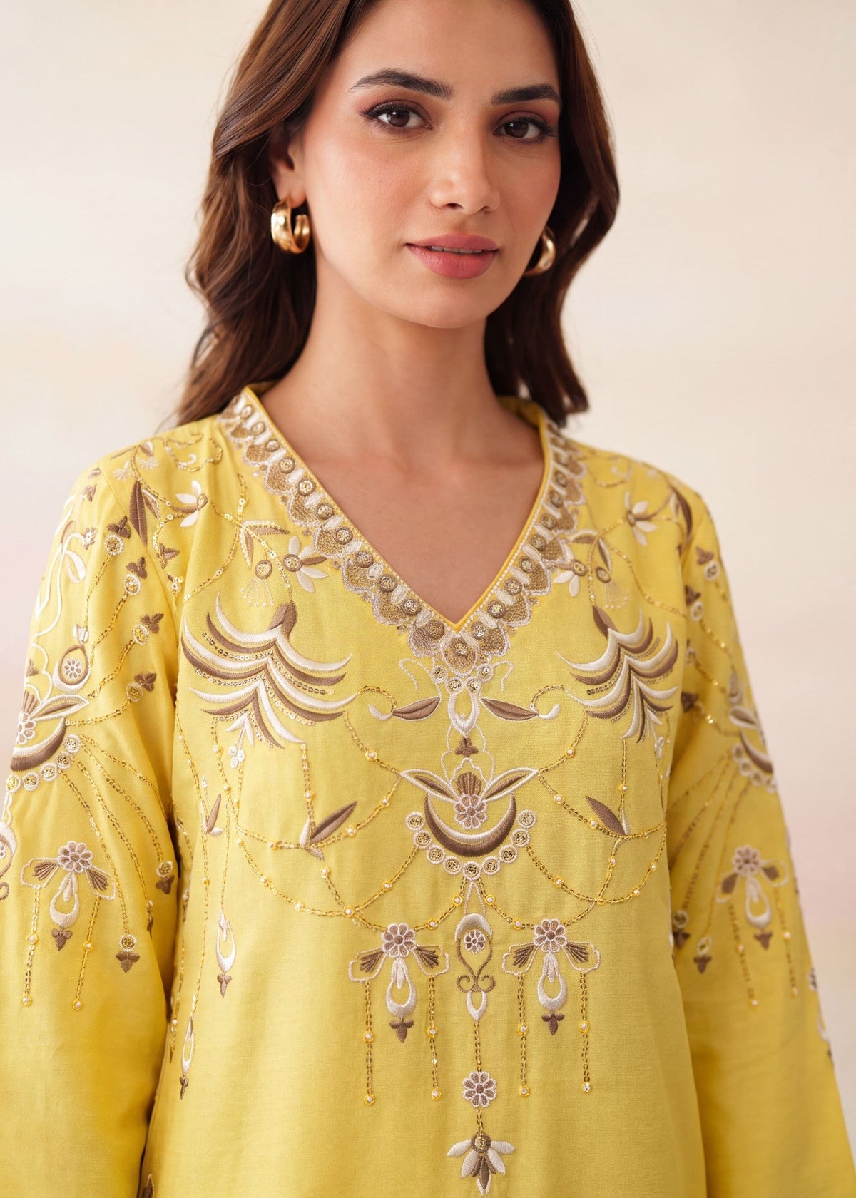 Embroidered Lemonade Dhanak Kurta Set Online in UK USA Canada