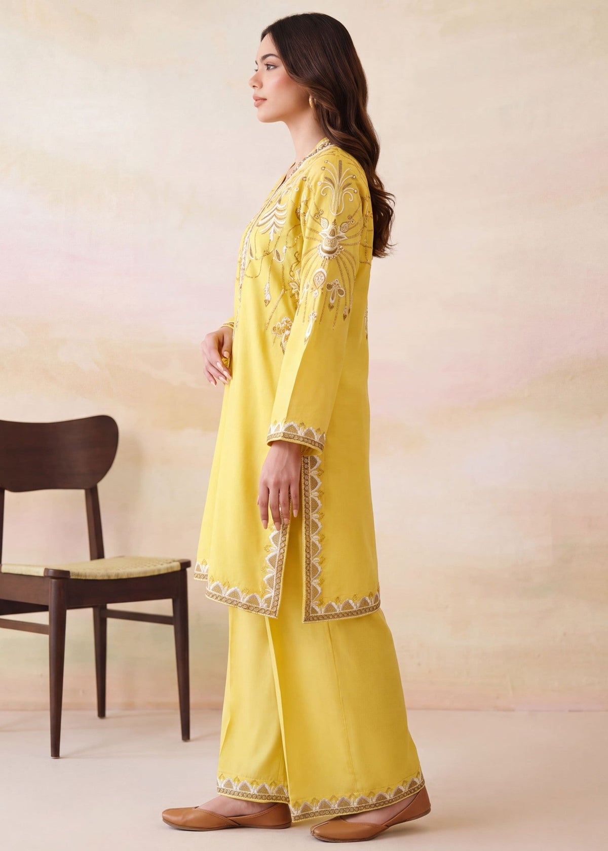 Embroidered Lemonade Dhanak Kurta Set Online in UK USA Canada