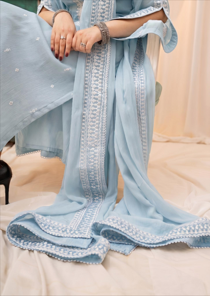 Embroidered Light Blue Bemberg Crinkle Chiffon Partywear Outfit Online in Sri Lanka India Australia