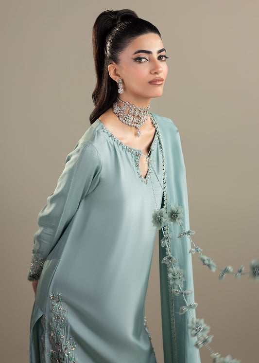Embroidered Light Blue Raw Silk Three Piece Suit Online in Sri Lanka India Australia