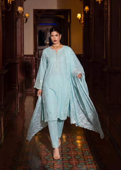 Embroidered Light Cyan Lawn Kurta with Trouser Online in Dubai UAE Abudhabi Ajman Sharjah