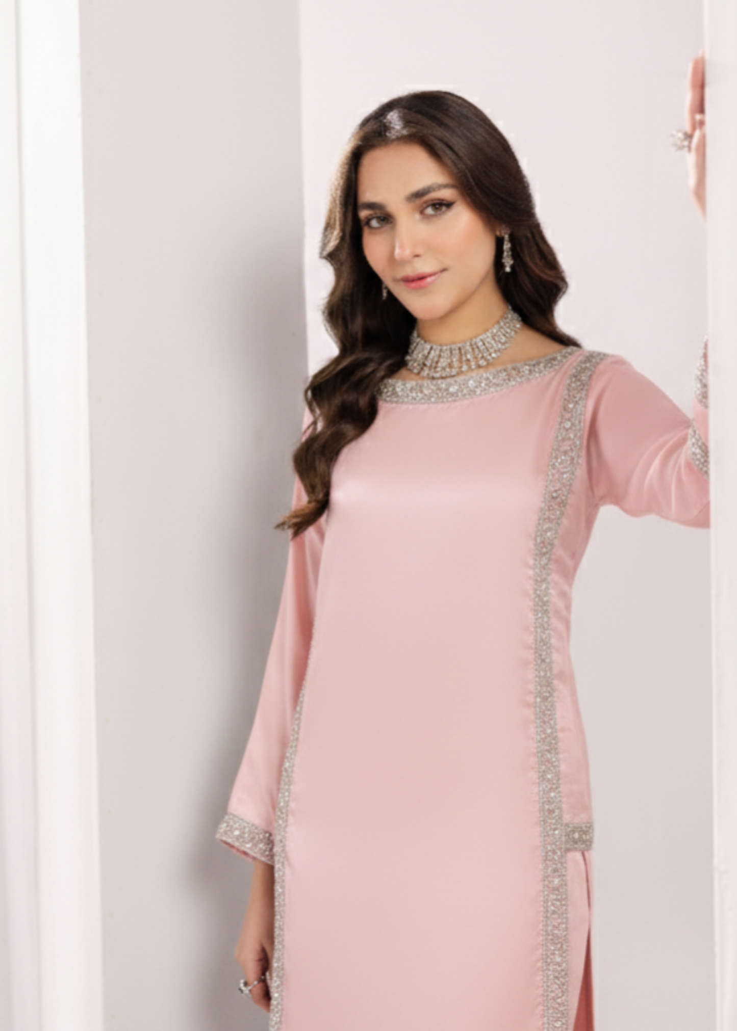 Embroidered Light Pink Silk Two Piece Suit Online in Dubai UAE Abudhabi Ajman Sharjah