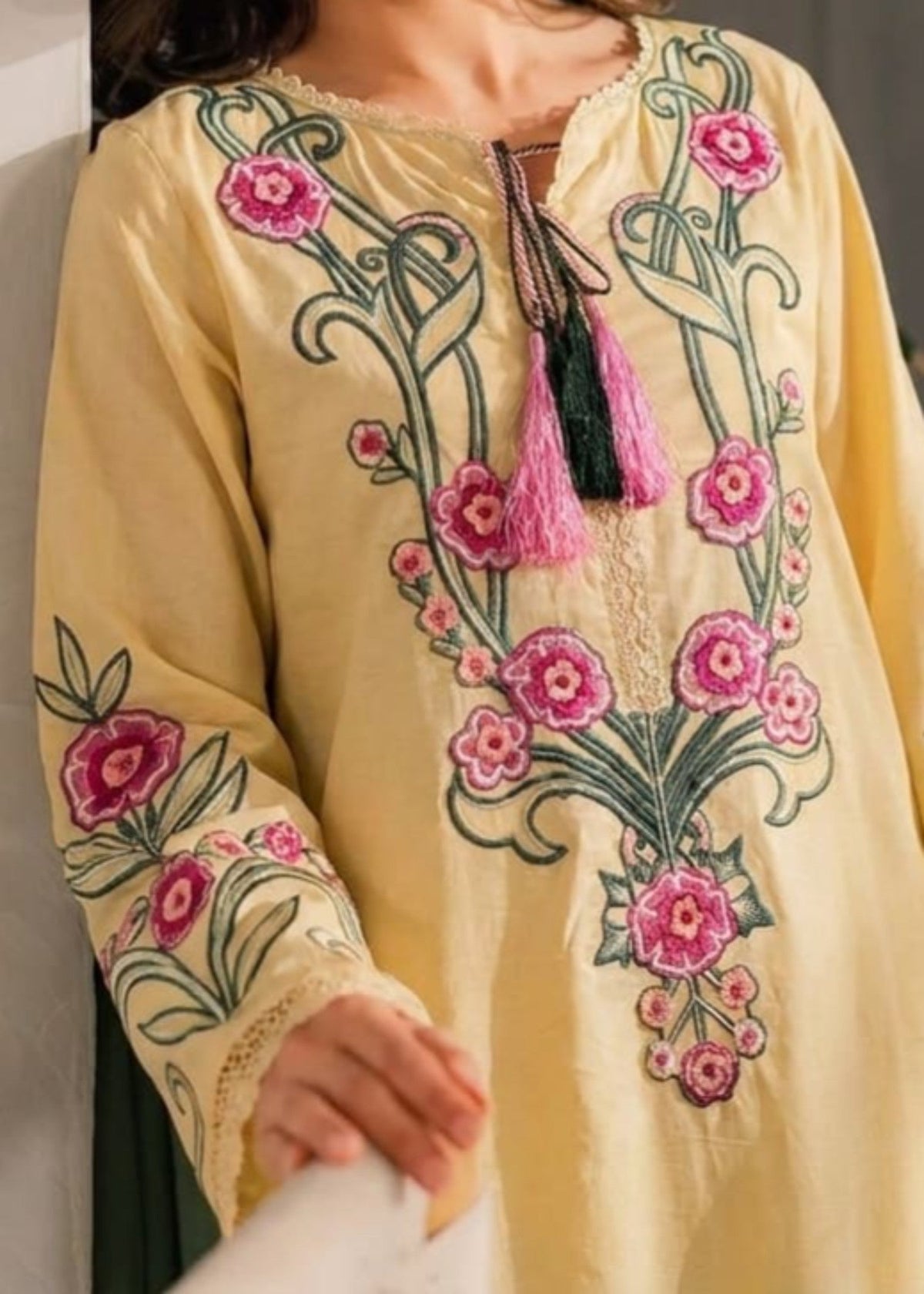 Embroidered Light Yellow Cotton Kaftan Online in Sri Lanka India Australia