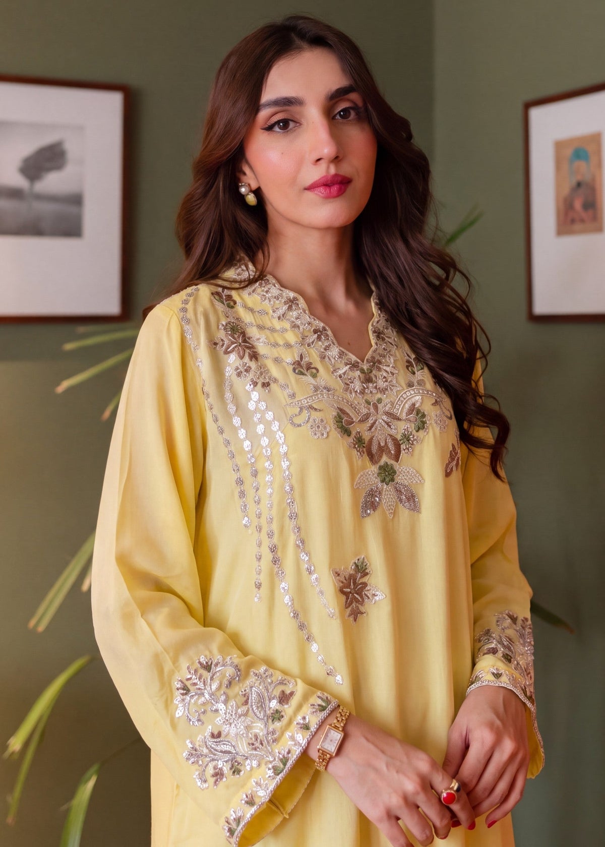 Embroidered Light Yellow Kaftan Designer Salwar Kameez Online in KSA Riyadh Saudi Arabia Oman Bahrain Qatar