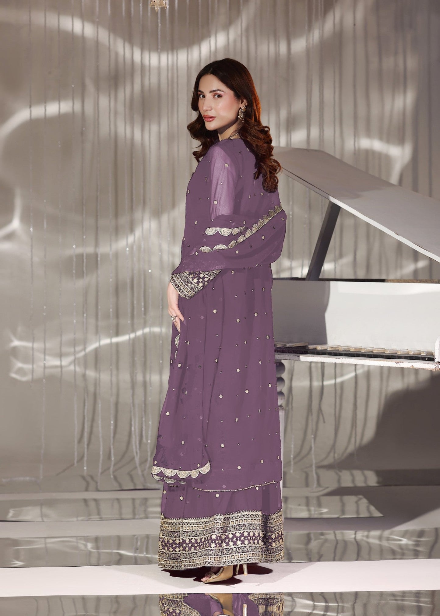 Embroidered Lilac Chiffon Lehenga with Dupatta Online in Dubai DXB UAE Abudhabi Meena Bazaar