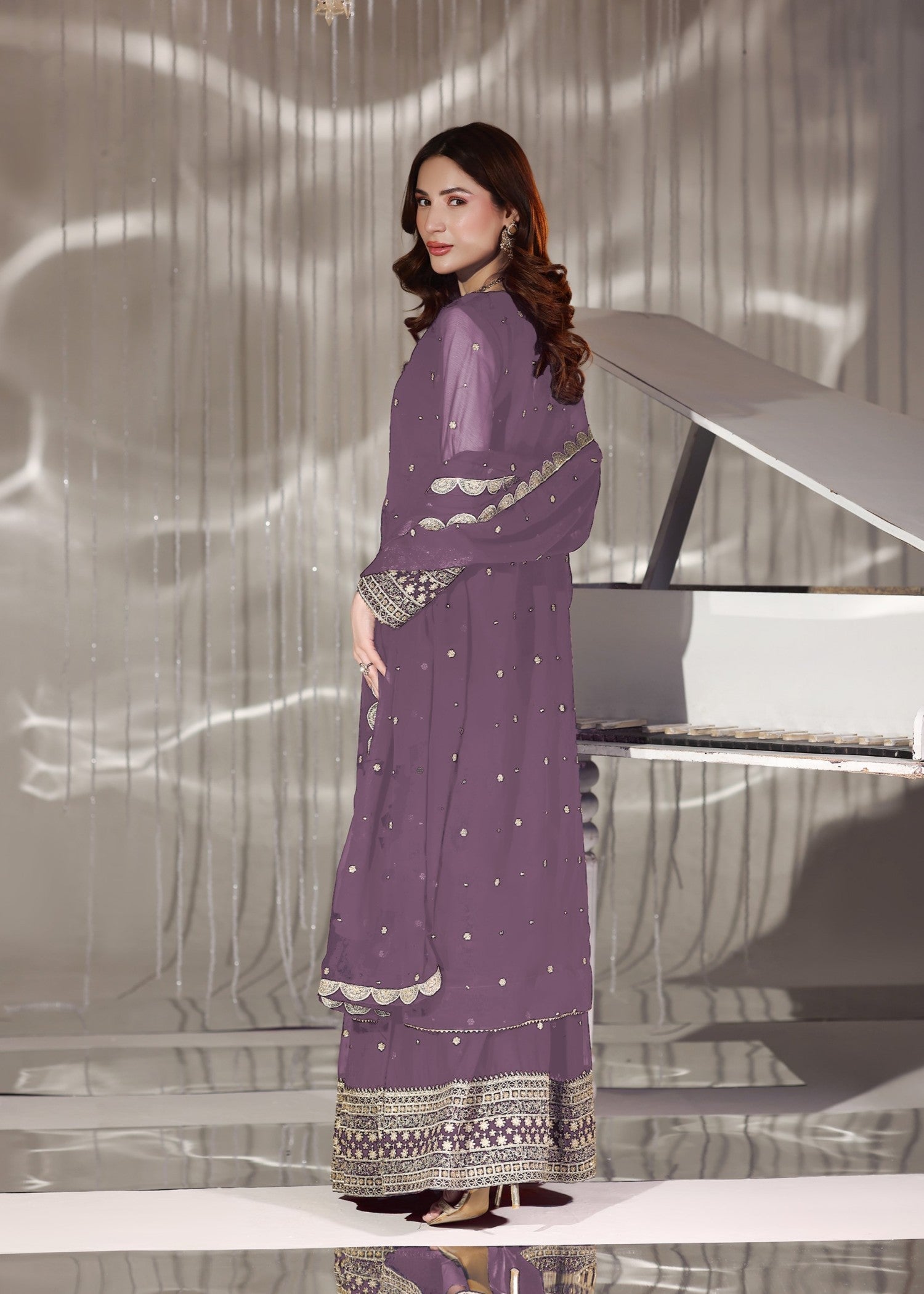 Embroidered Lilac Chiffon Lehenga with Dupatta Online in Dubai DXB UAE Abudhabi Meena Bazaar