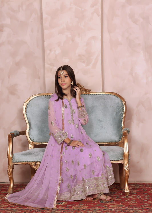 Embroidered Lilac Chiffon Party Wear Suit for Girls Online in UK USA Canada
