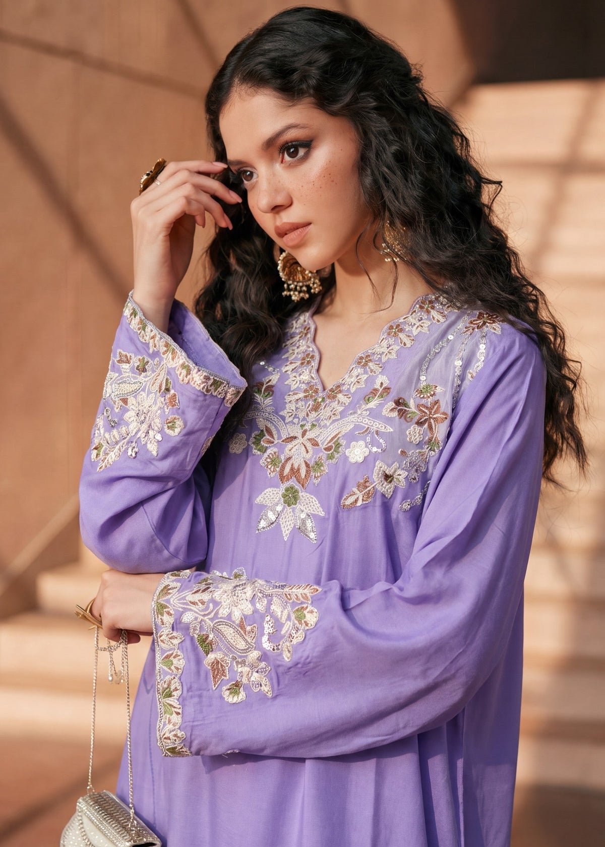 Embroidered Lilac Linen Kaftan Online in UK USA Canada