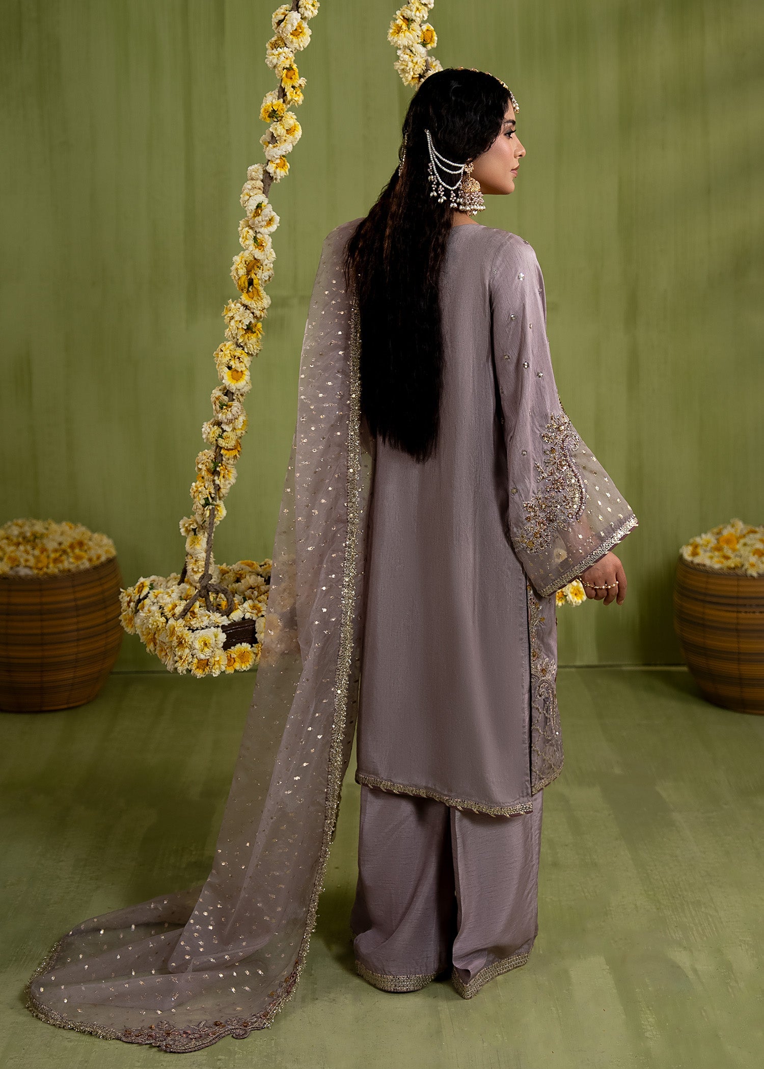 Embroidered Lilac Raw Silk Bell Bottom Kurta Online in Sri Lanka India Australia