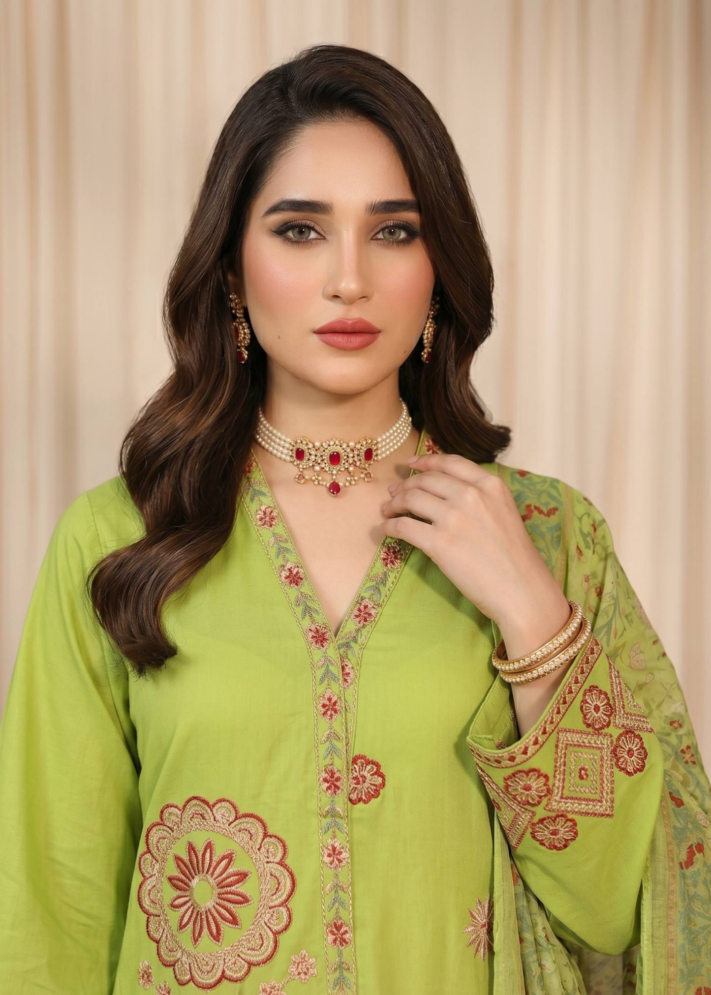 Embroidered Lime Green Lawn Dress Material Online in KSA Riyadh Saudi Arabia Oman Bahrain Qatar