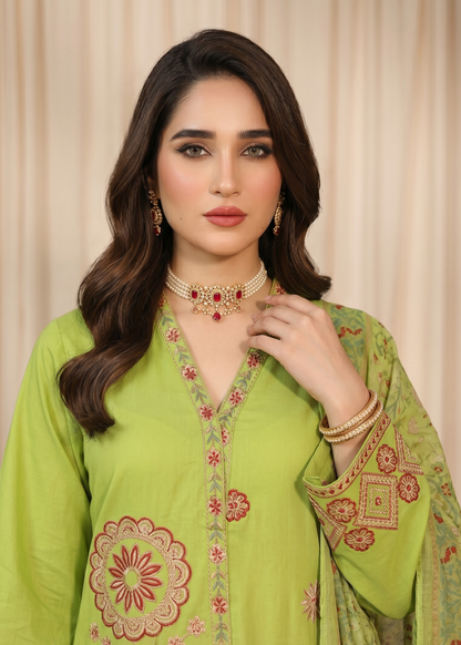 Embroidered Lime Green Lawn Dress Material Online in KSA Riyadh Saudi Arabia Oman Bahrain Qatar