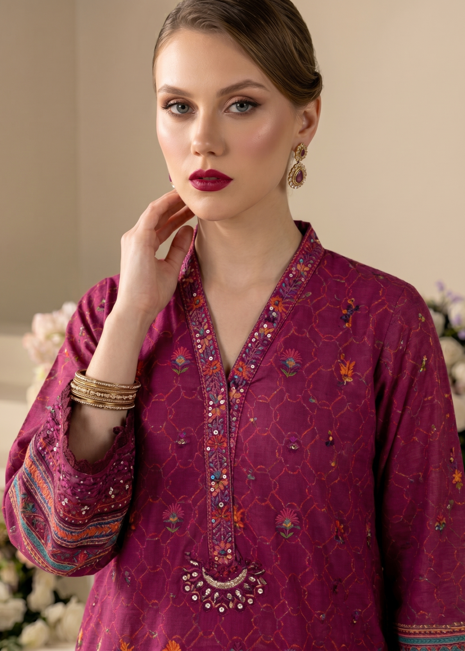 Embroidered Magenta Farshi Shalwar Raw Silk Suit Online in Sri Lanka India Australia