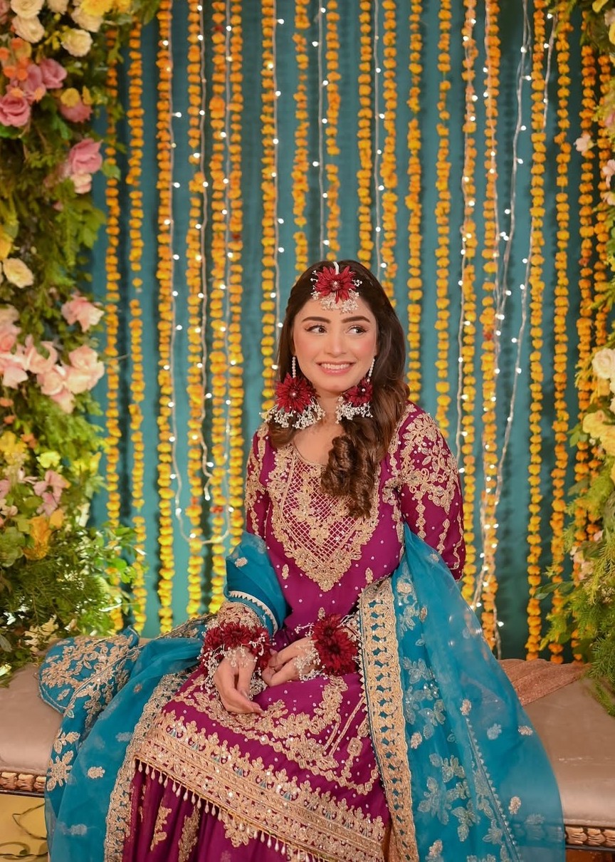 Embroidered Magenta Gharara Chiffon Suit Online in Dubai DXB UAE Abudhabi Meena Bazaar