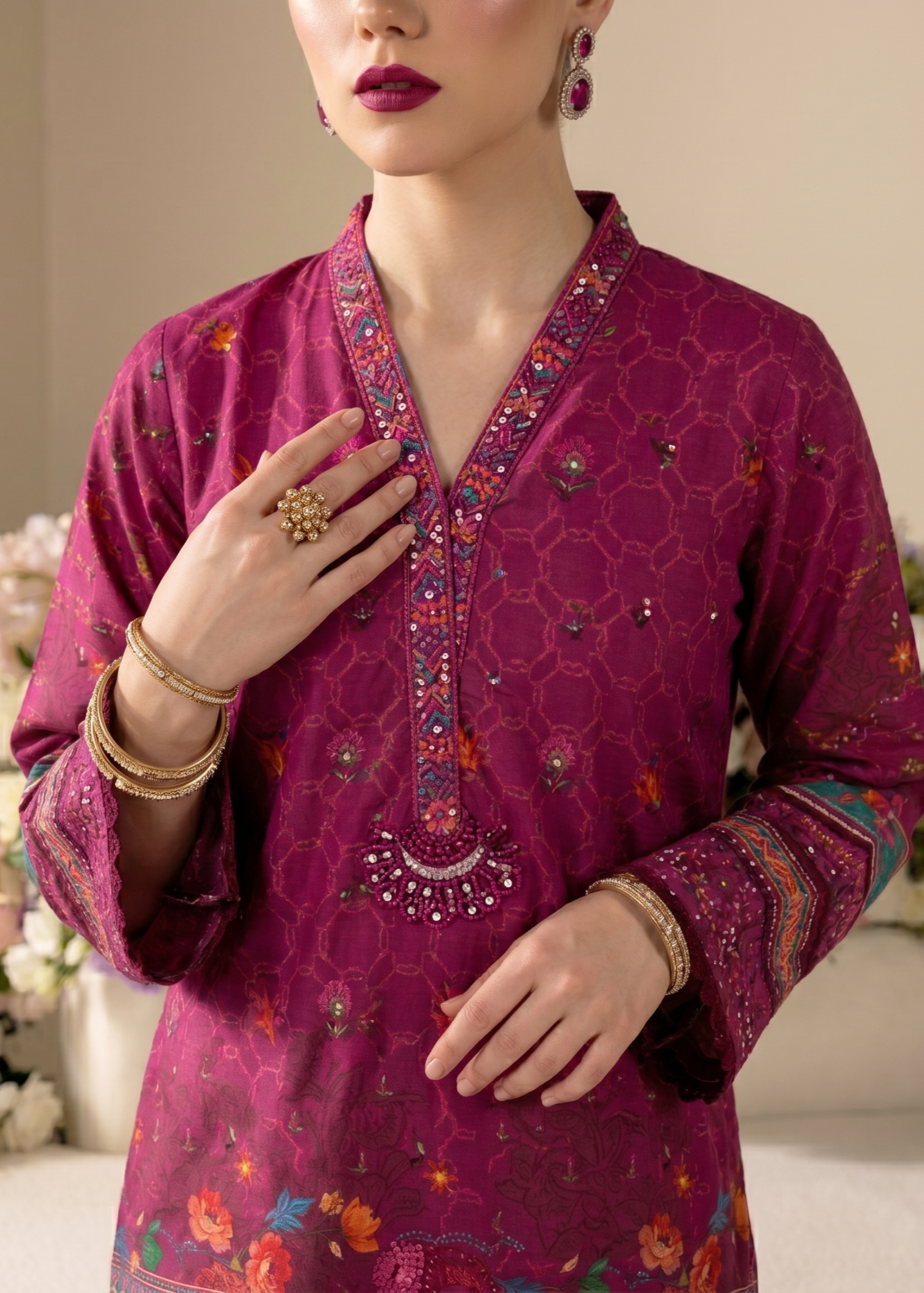 Embroidered Magenta Raw Silk Farshi Shalwar Partywear Suit Online in Dubai UAE Abudhabi Ajman Sharjah