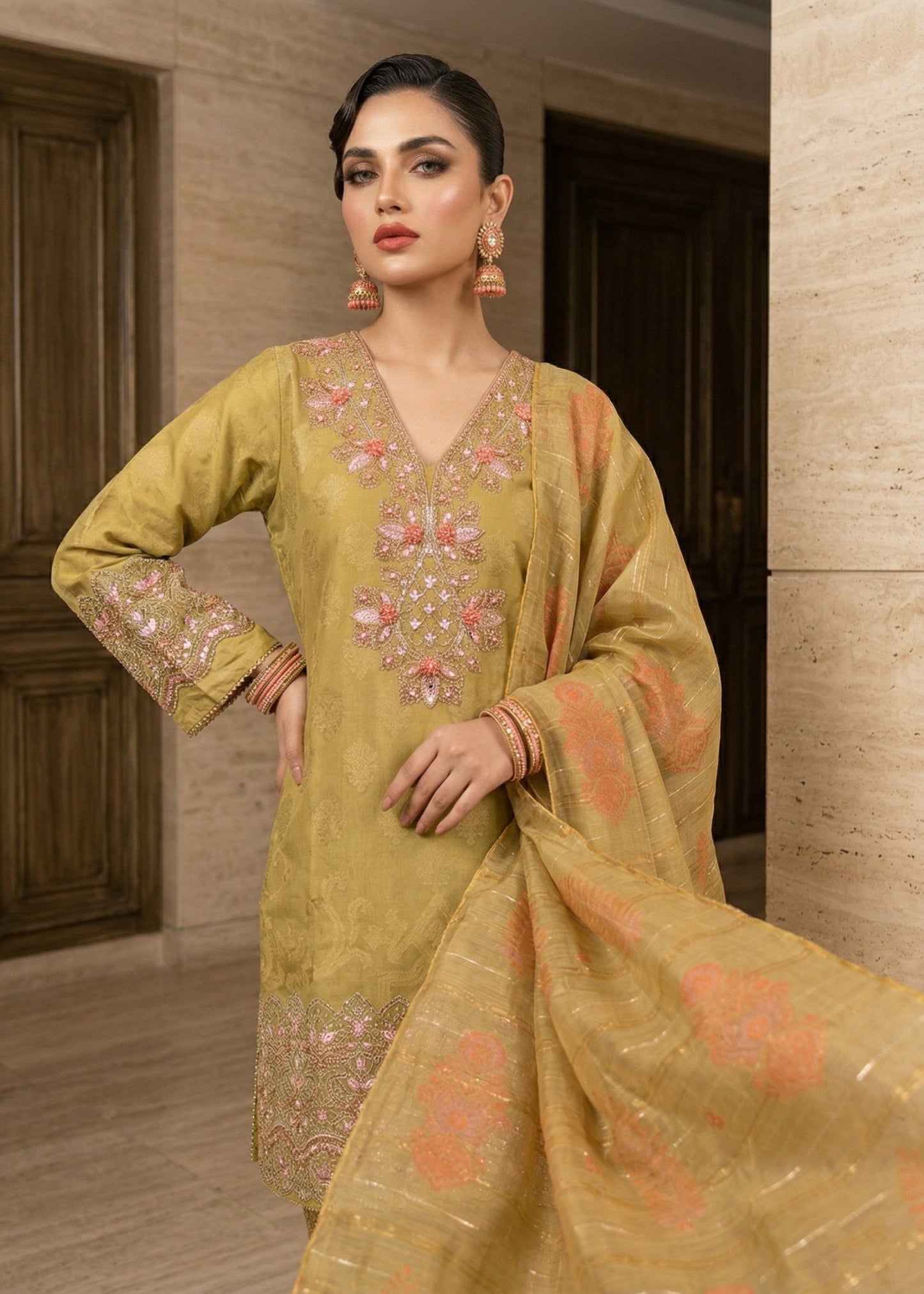 Embroidered Mari Gold Jacquard Dress Material Online in Dubai UAE Abudhabi Ajman Sharjah