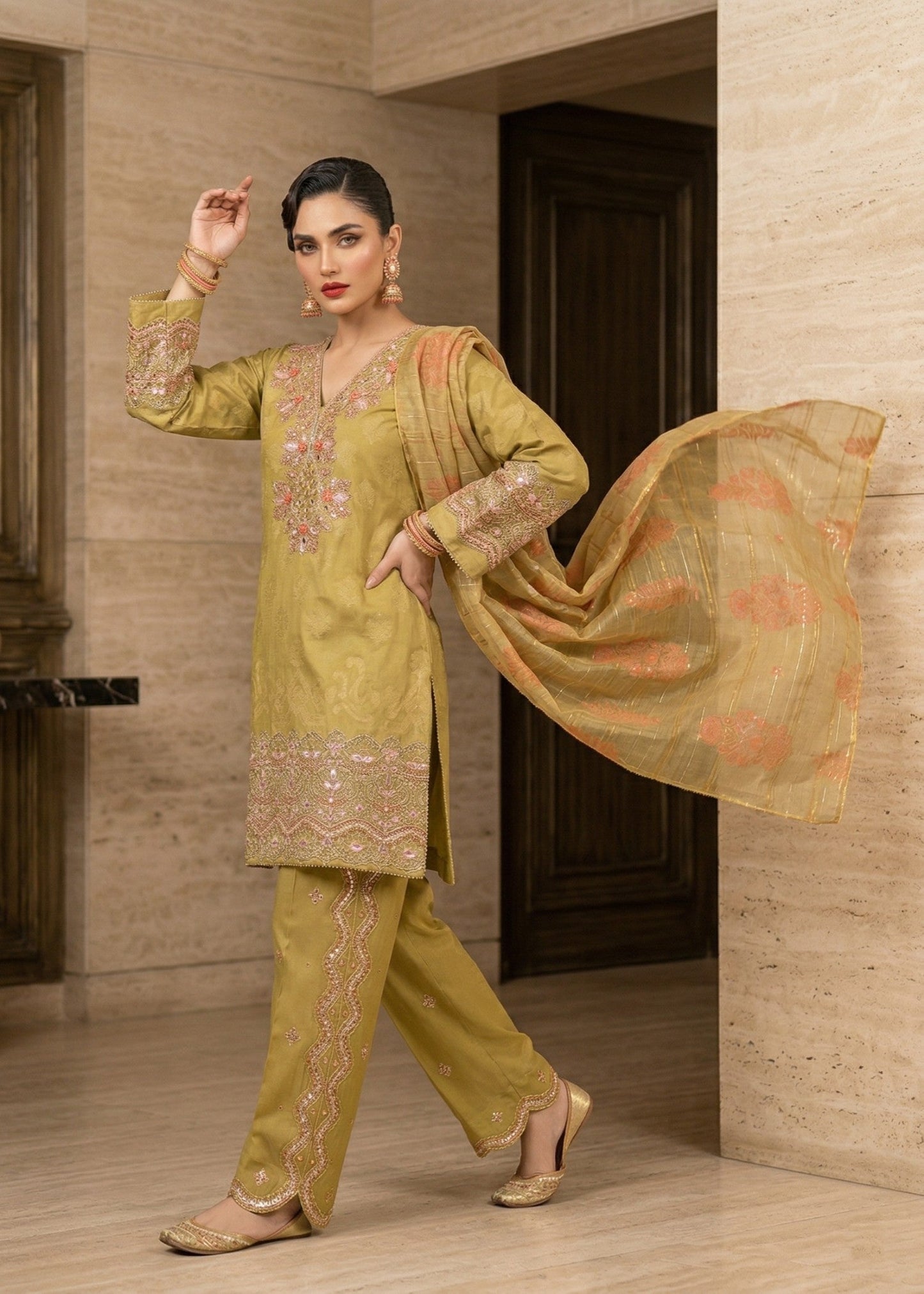 Embroidered Mari Gold Jacquard Pakistani Suit Online in KSA Riyadh Saudi Arabia Oman Bahrain Qatar