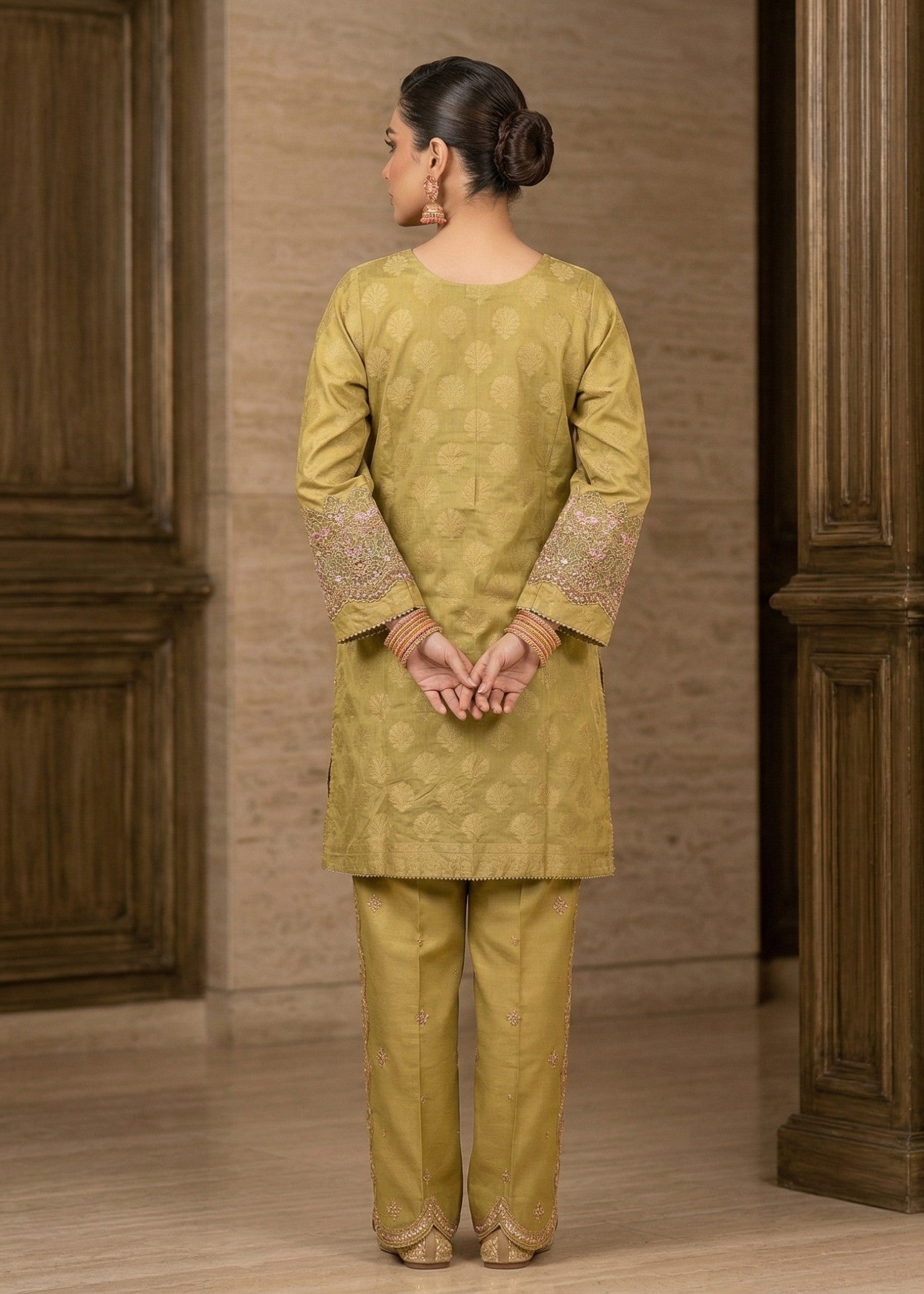 Embroidered Mari Gold Jacquard Top Dupatta Trouser Set Online in Dubai UAE Abudhabi Ajman Sharjah