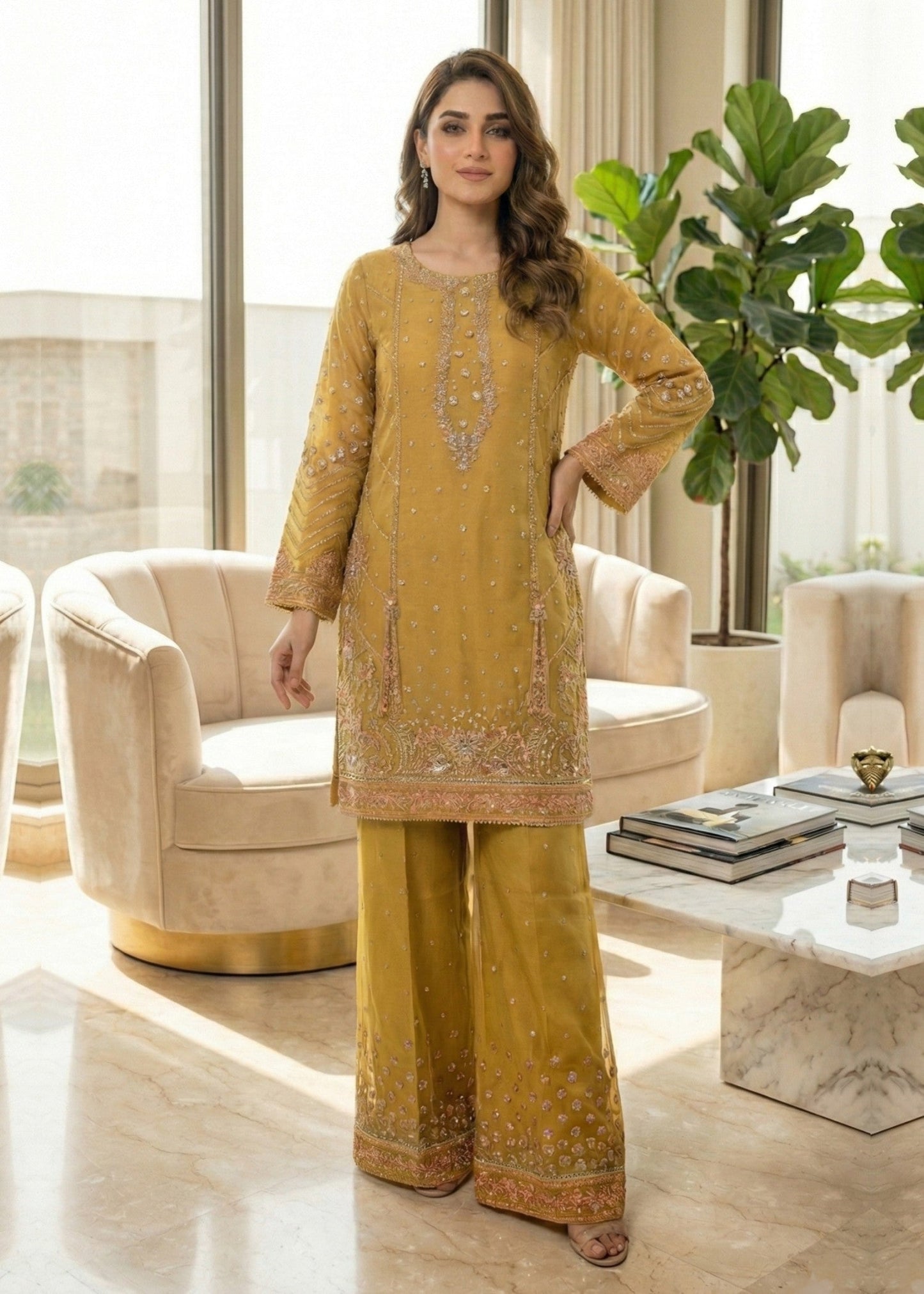 Embroidered Marigold Raw Silk Salwar Kameez Online in KSA Riyadh Saudi Arabia Oman Bahrain Qatar