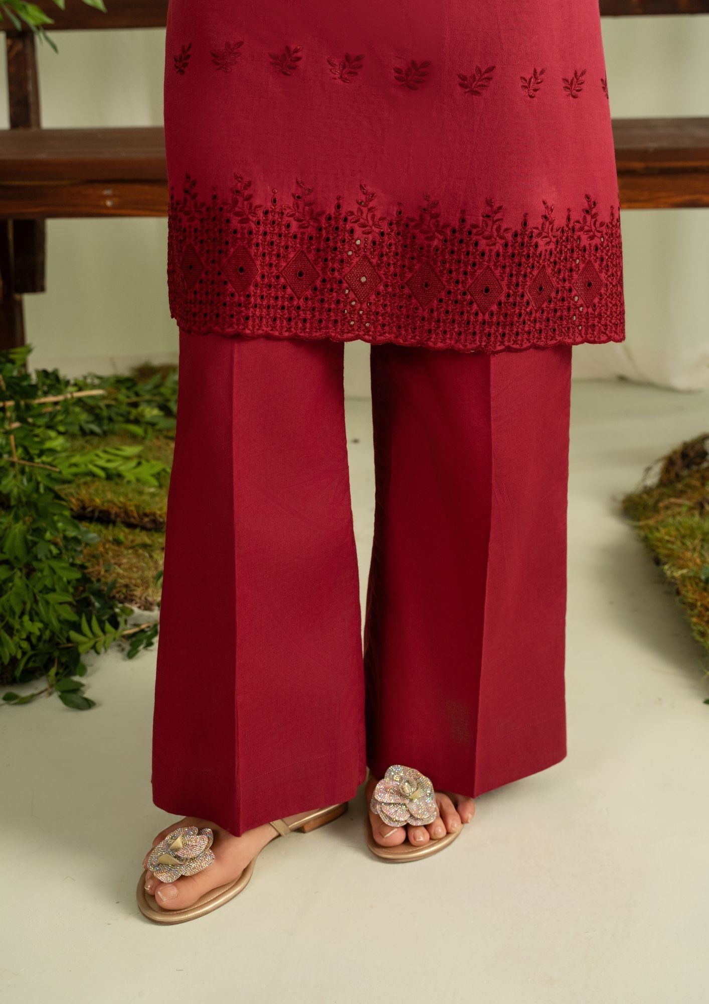 Embroidered Maroon Cambric Tunic and Trouser Set Online in UK USA Canada