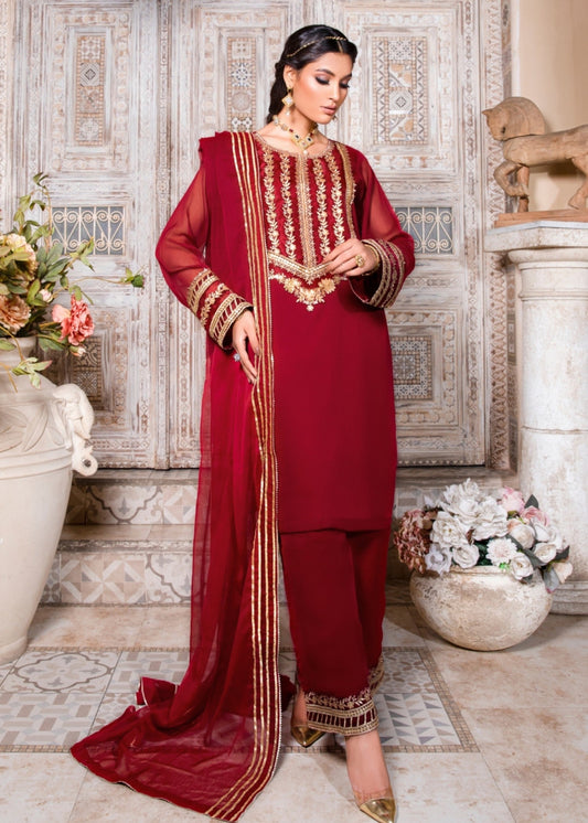 Embroidered Maroon Chiffon 3 Piece Outfit Online in Dubai DXB UAE Abudhabi Meena Bazaar