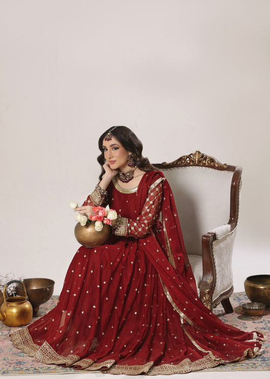 Embroidered Maroon Chiffon 3 Piece Pishwas Suit Online in Sri Lanka India Australia