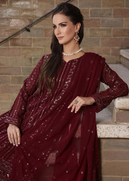 Embroidered Maroon Chiffon Dupatta Set Online in Dubai UAE Abudhabi Ajman Sharjah